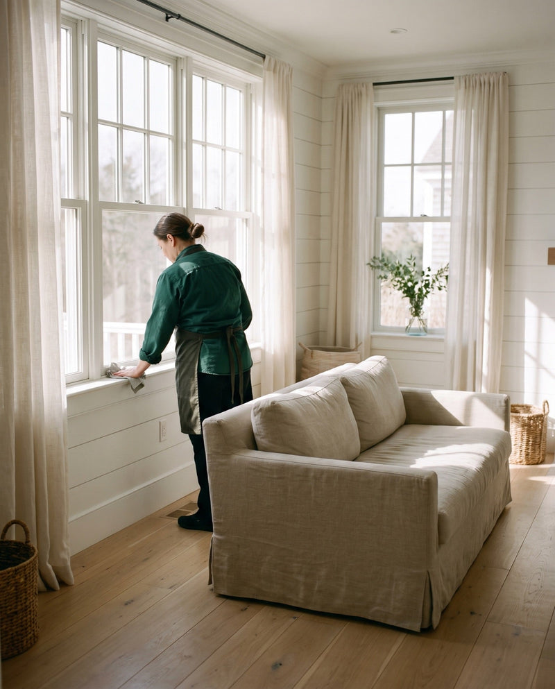 A cleaner wiping a windowsill in a sunlit New England living room