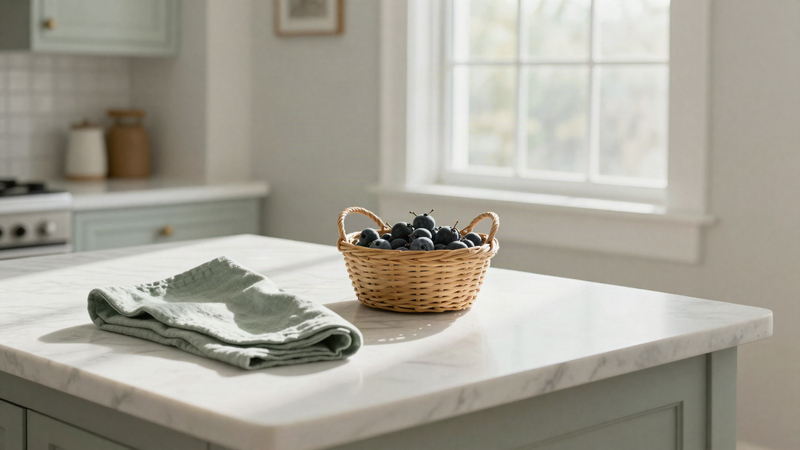 A white marble kitchen counter in a sage green New England kitchen with a folded cloth and a small wooden basket