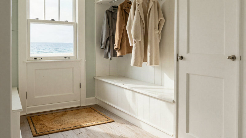 A white coastal New England mudroom with a sandy doormat and a window looking out to the water