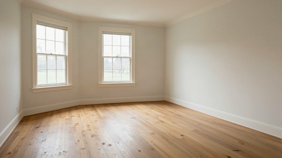 An empty sunlit bedroom in an old New England house with bare wood floors, cleaned and ready for a walkthrough