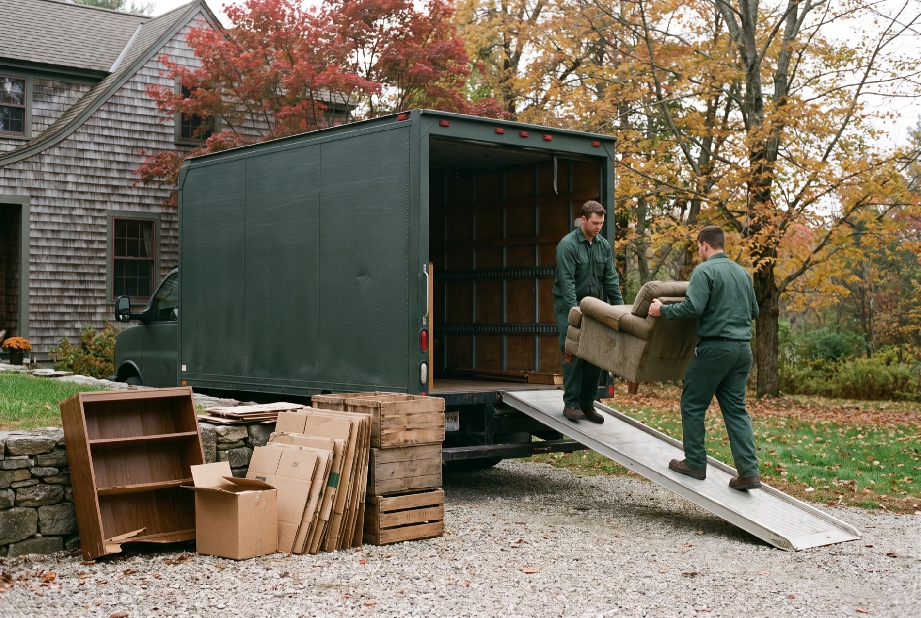 Deep green box truck in a New England driveway with two workers loading an old armchair
