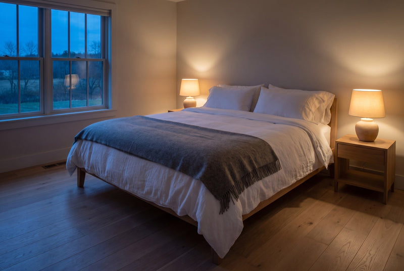 A calm, tidy bedroom with morning light and made bed in a New England home