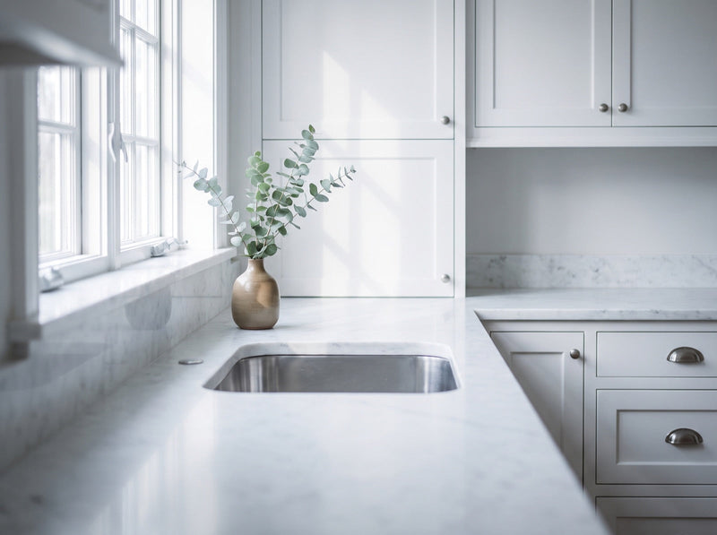 A clean white marble kitchen counter and stainless sink in a bright New England kitchen