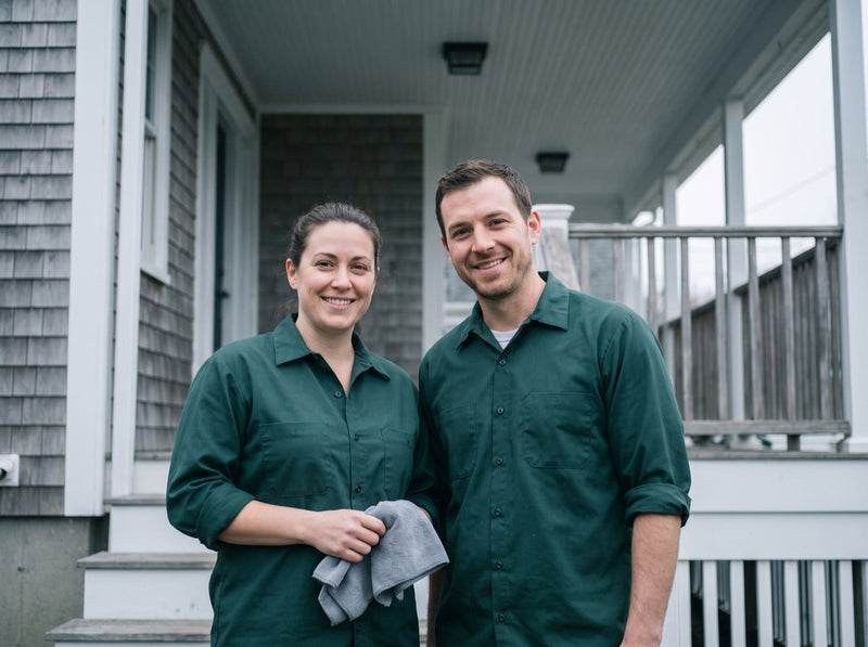 Two Sunday Best cleaners with supplies on the porch of a New England house