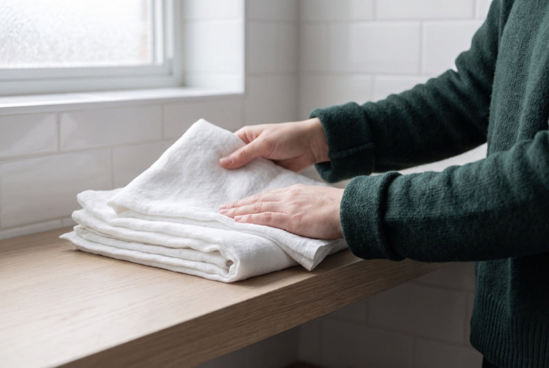 Folded white towels stacked in a bright coastal bathroom
