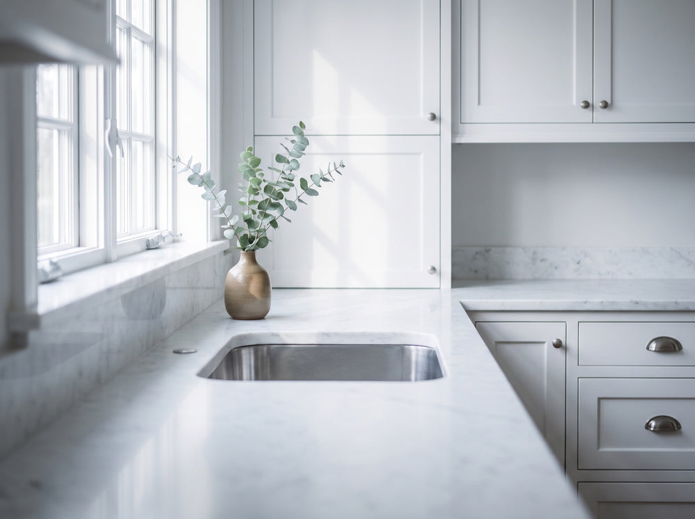 Spotless white marble kitchen counter and stainless sink in a bright New England kitchen