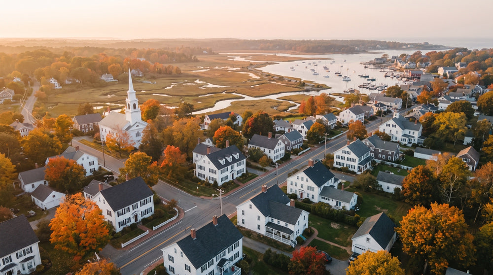 A New England coastal town from the air at golden hour, with a harbor and fall trees